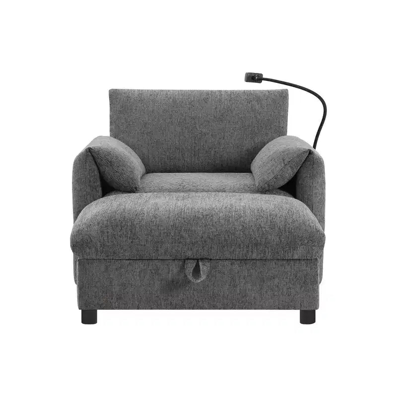 Canapé simple et méridienne surdimensionnés en chenille avec pouf de rangement, support de téléphone réglable, ports de charge, poches latérales