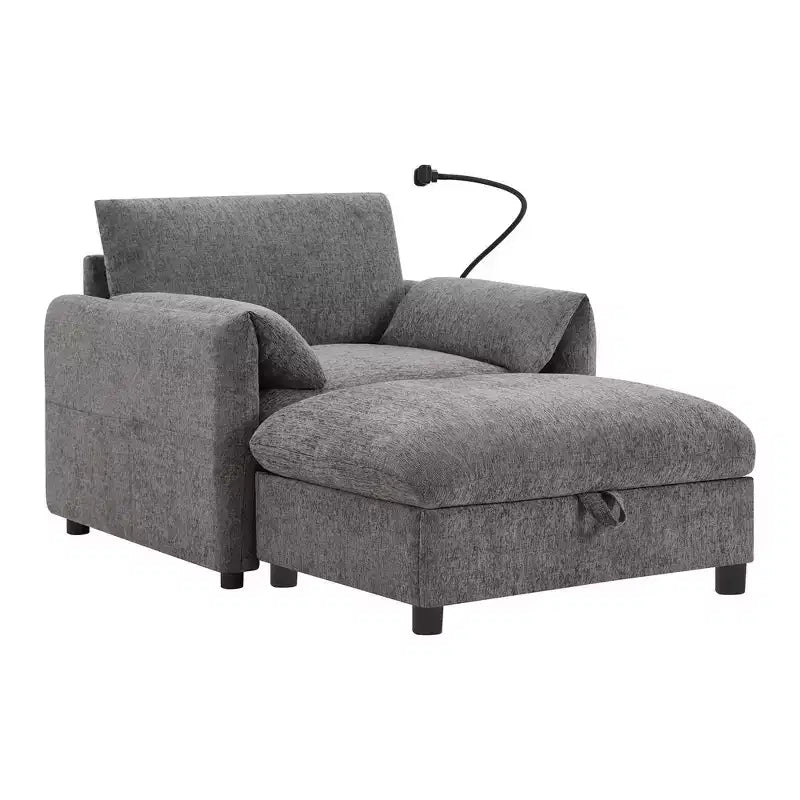 Canapé simple et méridienne surdimensionnés en chenille avec pouf de rangement, support de téléphone réglable, ports de charge, poches latérales