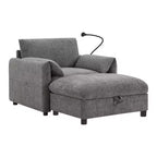 Canapé simple et méridienne surdimensionnés en chenille avec pouf de rangement, support de téléphone réglable, ports de charge, poches latérales