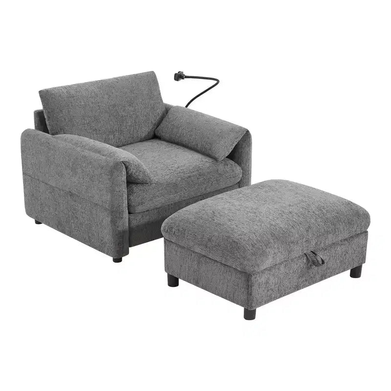 Canapé simple et méridienne surdimensionnés en chenille avec pouf de rangement, support de téléphone réglable, ports de charge, poches latérales