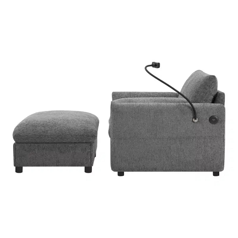 Canapé simple et méridienne surdimensionnés en chenille avec pouf de rangement, support de téléphone réglable, ports de charge, poches latérales