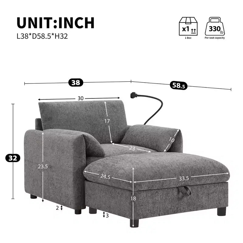 Canapé simple et méridienne surdimensionnés en chenille avec pouf de rangement, support de téléphone réglable, ports de charge, poches latérales