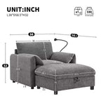 Canapé simple et méridienne surdimensionnés en chenille avec pouf de rangement, support de téléphone réglable, ports de charge, poches latérales