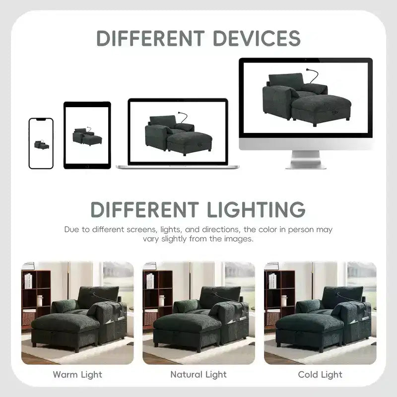 Canapé simple et méridienne surdimensionnés en chenille avec pouf de rangement, support de téléphone réglable, ports de charge, poches latérales