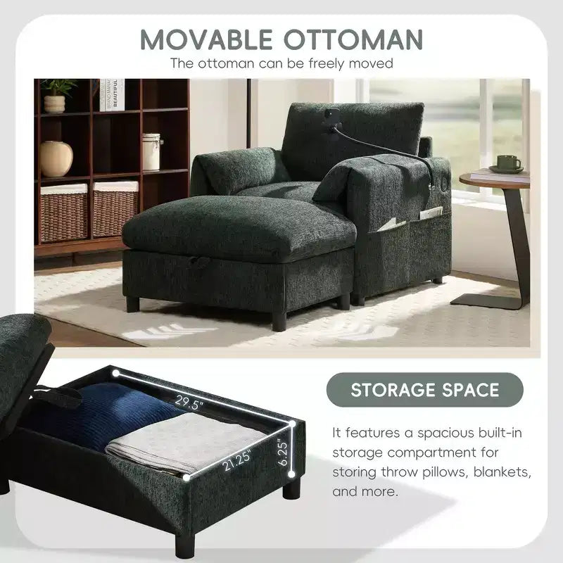 Canapé simple et méridienne surdimensionnés en chenille avec pouf de rangement, support de téléphone réglable, ports de charge, poches latérales