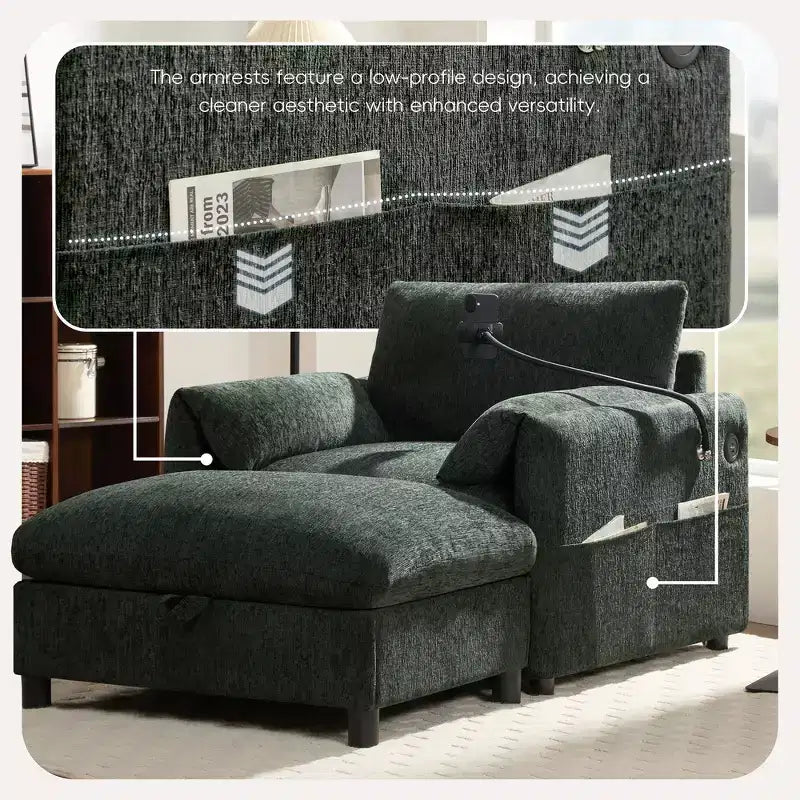 Canapé simple et méridienne surdimensionnés en chenille avec pouf de rangement, support de téléphone réglable, ports de charge, poches latérales