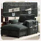 Canapé simple et méridienne surdimensionnés en chenille avec pouf de rangement, support de téléphone réglable, ports de charge, poches latérales
