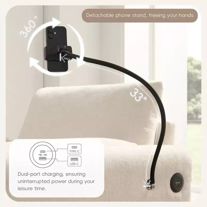 Canapé simple et méridienne surdimensionnés en chenille avec pouf de rangement, support de téléphone réglable, ports de charge, poches latérales
