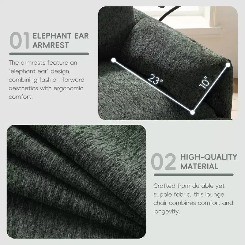 Canapé simple et méridienne surdimensionnés en chenille avec pouf de rangement, support de téléphone réglable, ports de charge, poches latérales