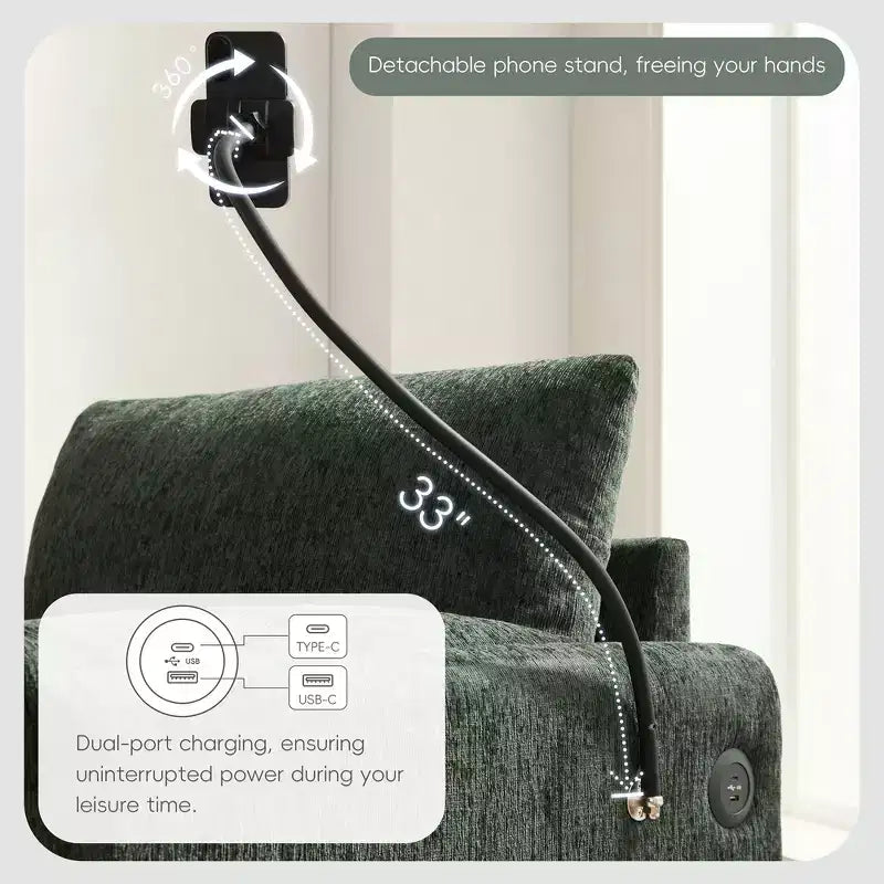 Canapé simple et méridienne surdimensionnés en chenille avec pouf de rangement, support de téléphone réglable, ports de charge, poches latérales