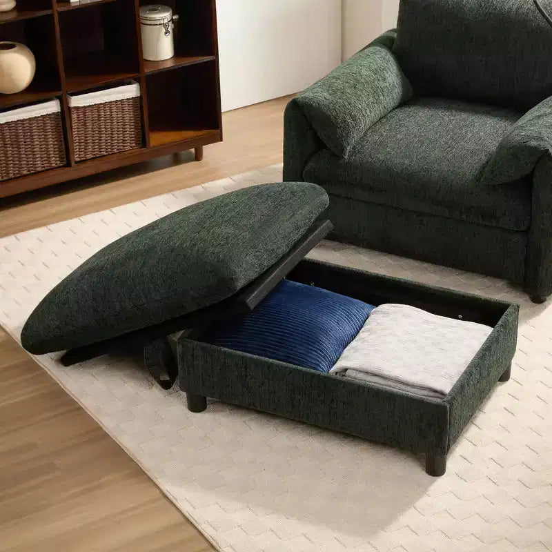 Canapé simple et méridienne surdimensionnés en chenille avec pouf de rangement, support de téléphone réglable, ports de charge, poches latérales