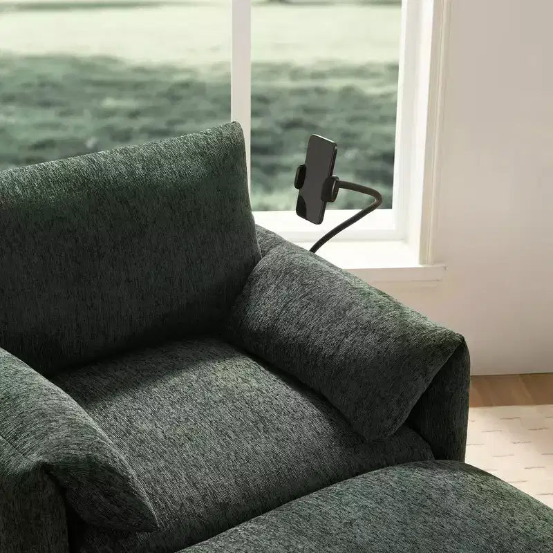 Canapé simple et méridienne surdimensionnés en chenille avec pouf de rangement, support de téléphone réglable, ports de charge, poches latérales