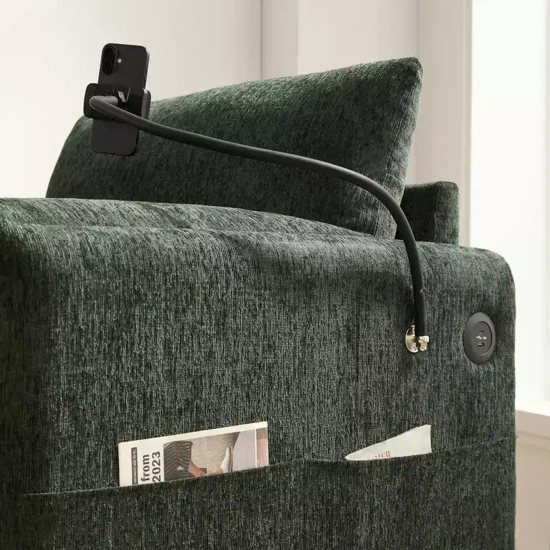Canapé simple et méridienne surdimensionnés en chenille avec pouf de rangement, support de téléphone réglable, ports de charge, poches latérales