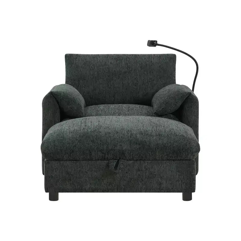 Canapé simple et méridienne surdimensionnés en chenille avec pouf de rangement, support de téléphone réglable, ports de charge, poches latérales