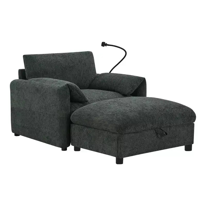 Canapé simple et méridienne surdimensionnés en chenille avec pouf de rangement, support de téléphone réglable, ports de charge, poches latérales