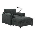 Canapé simple et méridienne surdimensionnés en chenille avec pouf de rangement, support de téléphone réglable, ports de charge, poches latérales
