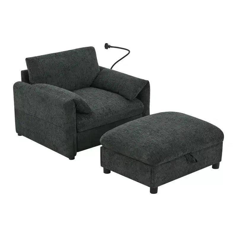 Canapé simple et méridienne surdimensionnés en chenille avec pouf de rangement, support de téléphone réglable, ports de charge, poches latérales