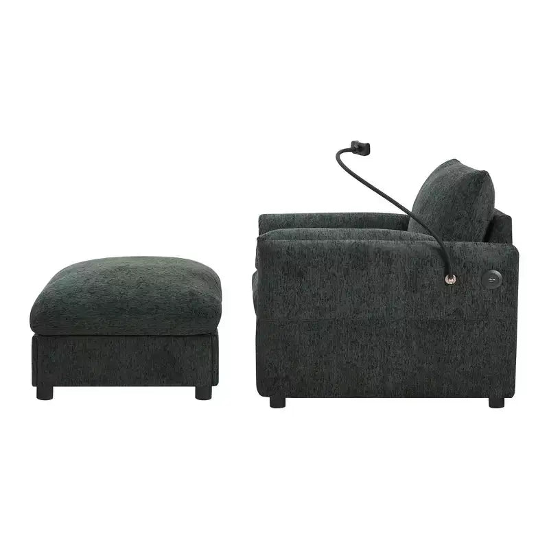 Canapé simple et méridienne surdimensionnés en chenille avec pouf de rangement, support de téléphone réglable, ports de charge, poches latérales