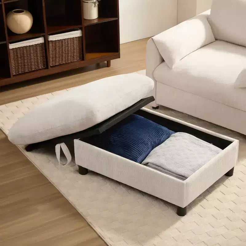 Canapé simple et méridienne surdimensionnés en chenille avec pouf de rangement, support de téléphone réglable, ports de charge, poches latérales
