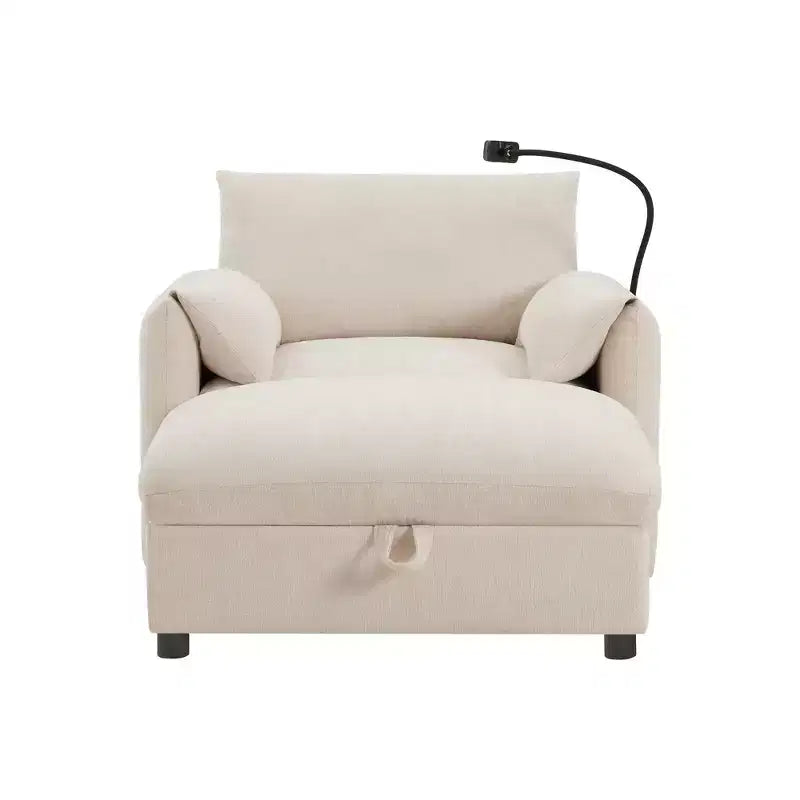 Canapé simple et méridienne surdimensionnés en chenille avec pouf de rangement, support de téléphone réglable, ports de charge, poches latérales