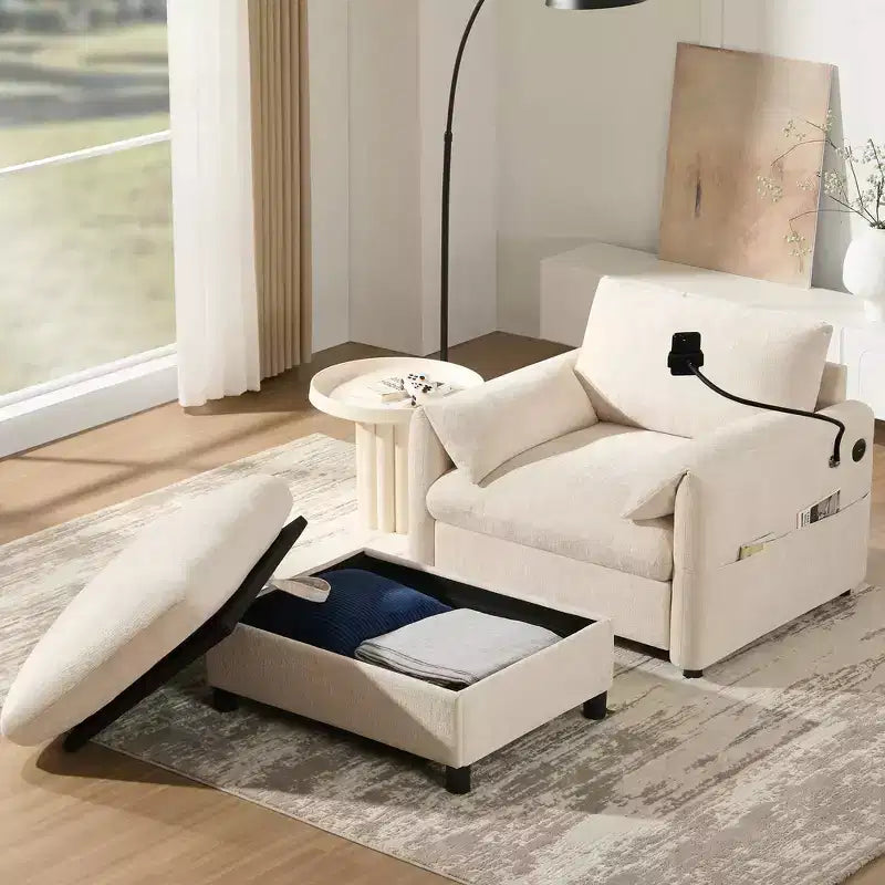 Whisen Oversized Chenille Single Sofa & Chaise Lounge with Storage Ottoman, Adjustable Phone Holder, Charging Ports, Side Pockets