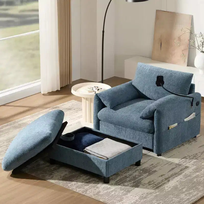 Canapé simple et méridienne surdimensionnés en chenille avec pouf de rangement, support de téléphone réglable, ports de charge, poches latérales