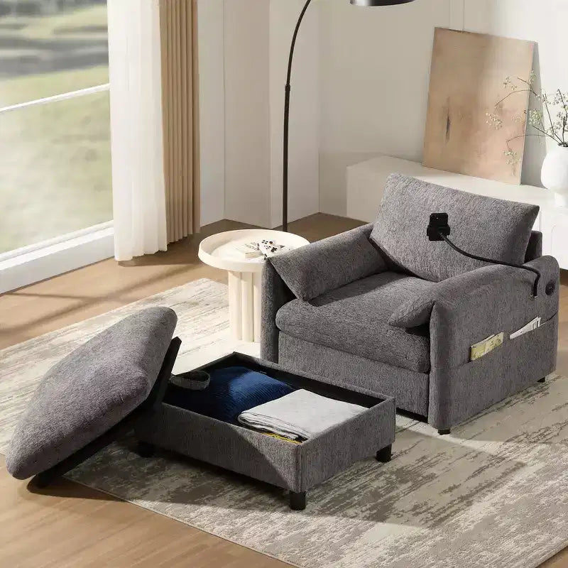 Canapé simple et méridienne surdimensionnés en chenille avec pouf de rangement, support de téléphone réglable, ports de charge, poches latérales