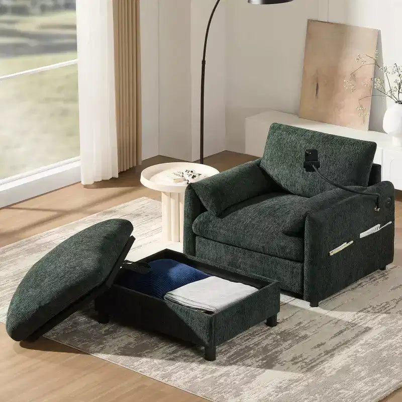 Canapé simple et méridienne surdimensionnés en chenille avec pouf de rangement, support de téléphone réglable, ports de charge, poches latérales
