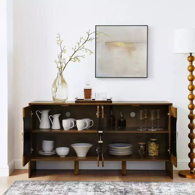 Buffet moderne avec rangement, Bahut cannelé à motif géométrique et étagères réglables pour entrée/cuisine/salle à manger