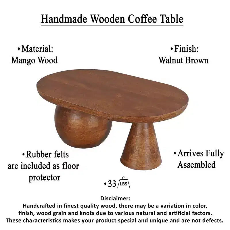 Table basse Royal Hampton | Plateau ovale en bois de manguier fait main 38 po | Piètement rond à boules et cônes