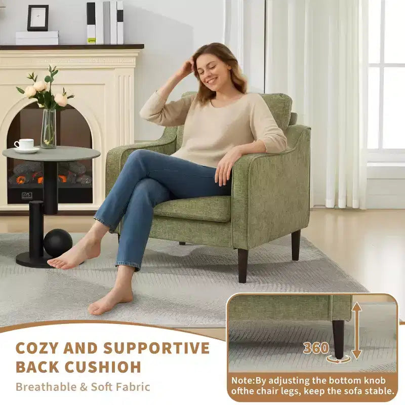 Fauteuil scandinave, Fauteuil moderne en tissu lin, Fauteuil confortable avec accoudoirs incurvés, Fauteuil de lecture à dossier haut