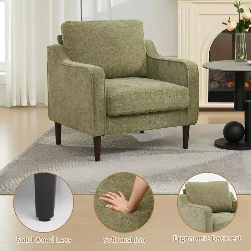 Fauteuil scandinave, Fauteuil moderne en tissu lin, Fauteuil confortable avec accoudoirs incurvés, Fauteuil de lecture à dossier haut