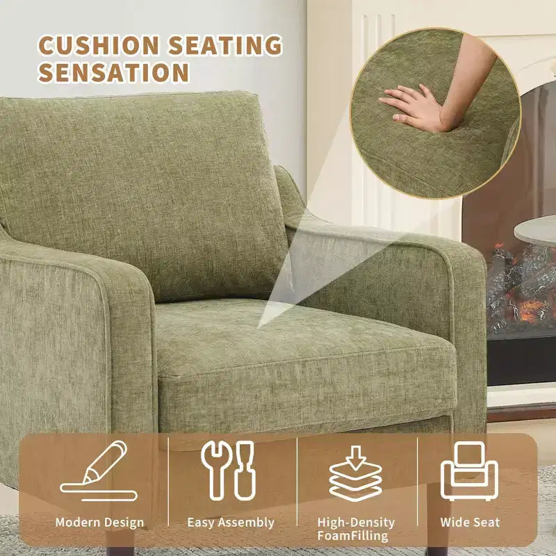 Fauteuil scandinave, Fauteuil moderne en tissu lin, Fauteuil confortable avec accoudoirs incurvés, Fauteuil de lecture à dossier haut