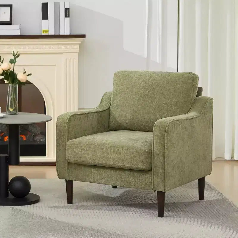Fauteuil scandinave, Fauteuil moderne en tissu lin, Fauteuil confortable avec accoudoirs incurvés, Fauteuil de lecture à dossier haut
