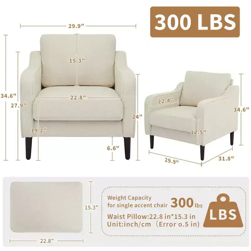 Fauteuil scandinave, Fauteuil moderne en tissu lin, Fauteuil confortable avec accoudoirs incurvés, Fauteuil de lecture à dossier haut
