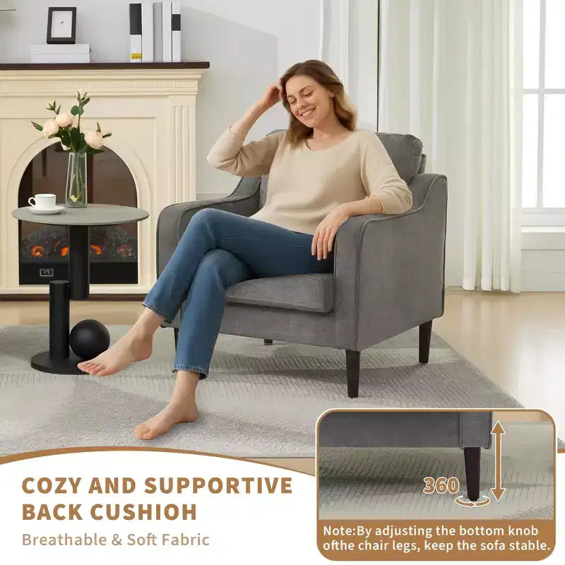Fauteuil scandinave, Fauteuil moderne en tissu lin, Fauteuil confortable avec accoudoirs incurvés, Fauteuil de lecture à dossier haut