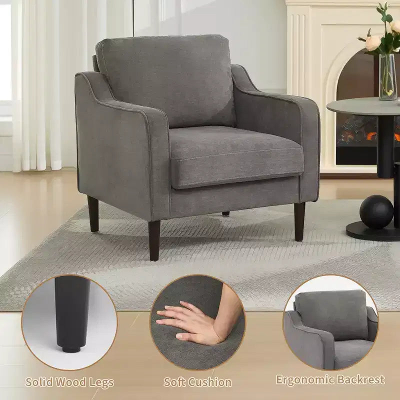 Fauteuil scandinave, Fauteuil moderne en tissu lin, Fauteuil confortable avec accoudoirs incurvés, Fauteuil de lecture à dossier haut
