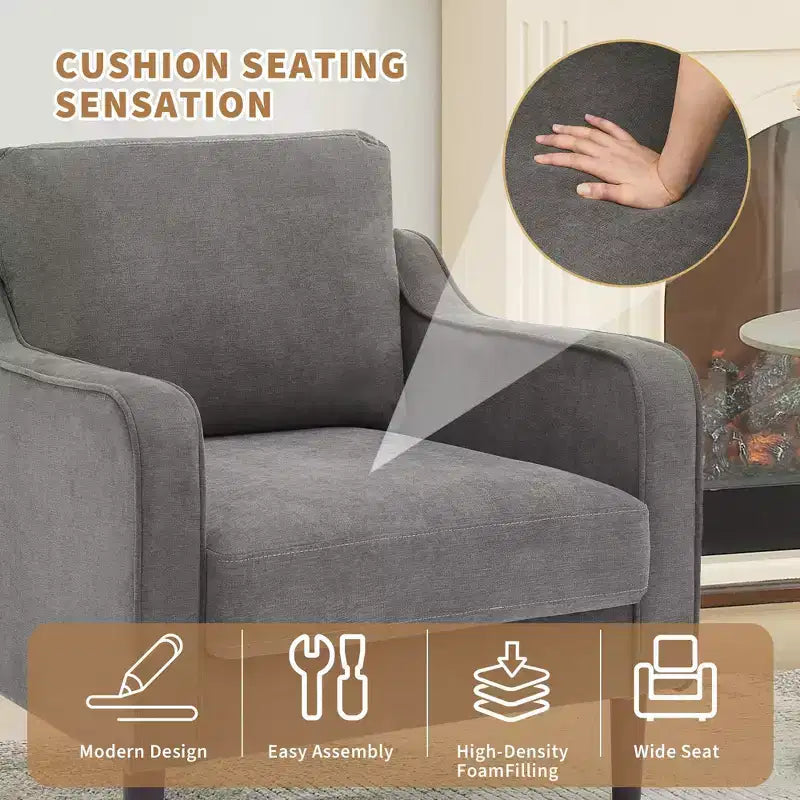 Fauteuil scandinave, Fauteuil moderne en tissu lin, Fauteuil confortable avec accoudoirs incurvés, Fauteuil de lecture à dossier haut