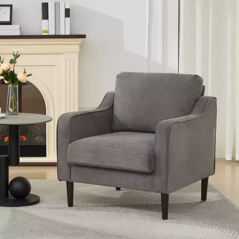 Fauteuil scandinave, Fauteuil moderne en tissu lin, Fauteuil confortable avec accoudoirs incurvés, Fauteuil de lecture à dossier haut