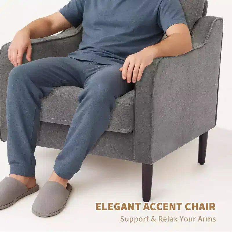 Fauteuil scandinave, Fauteuil moderne en tissu lin, Fauteuil confortable avec accoudoirs incurvés, Fauteuil de lecture à dossier haut