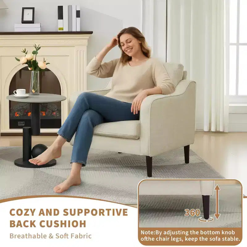 Fauteuil scandinave, Fauteuil moderne en tissu lin, Fauteuil confortable avec accoudoirs incurvés, Fauteuil de lecture à dossier haut