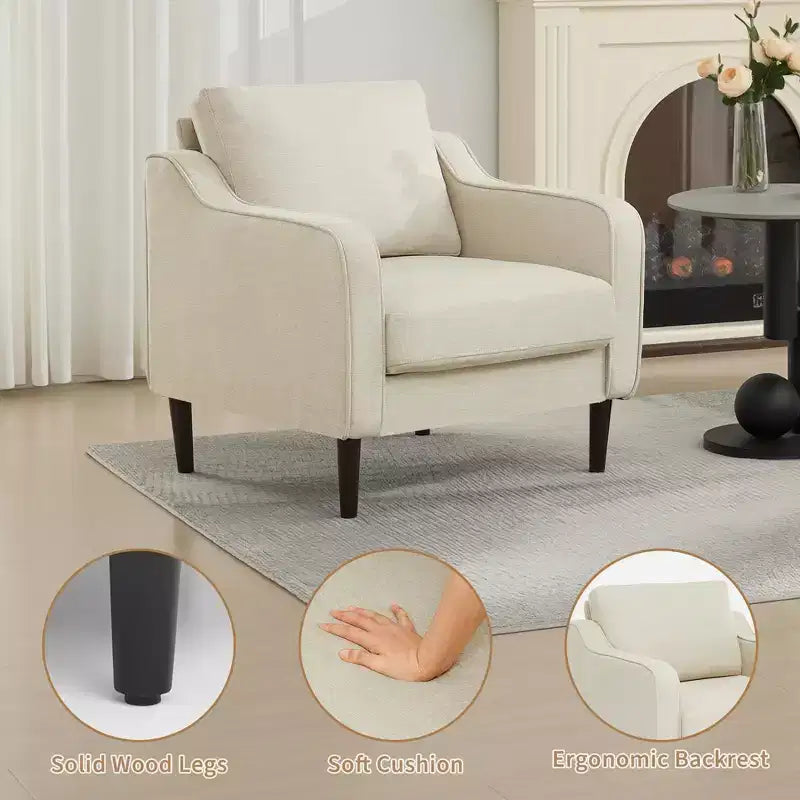 Fauteuil scandinave, Fauteuil moderne en tissu lin, Fauteuil confortable avec accoudoirs incurvés, Fauteuil de lecture à dossier haut