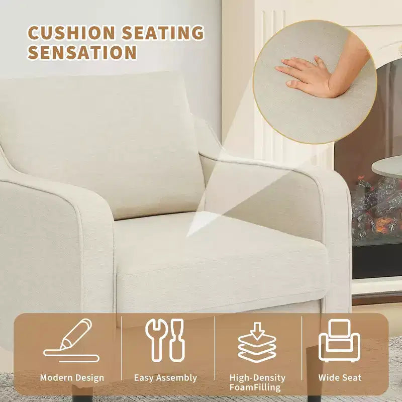 Fauteuil scandinave, Fauteuil moderne en tissu lin, Fauteuil confortable avec accoudoirs incurvés, Fauteuil de lecture à dossier haut