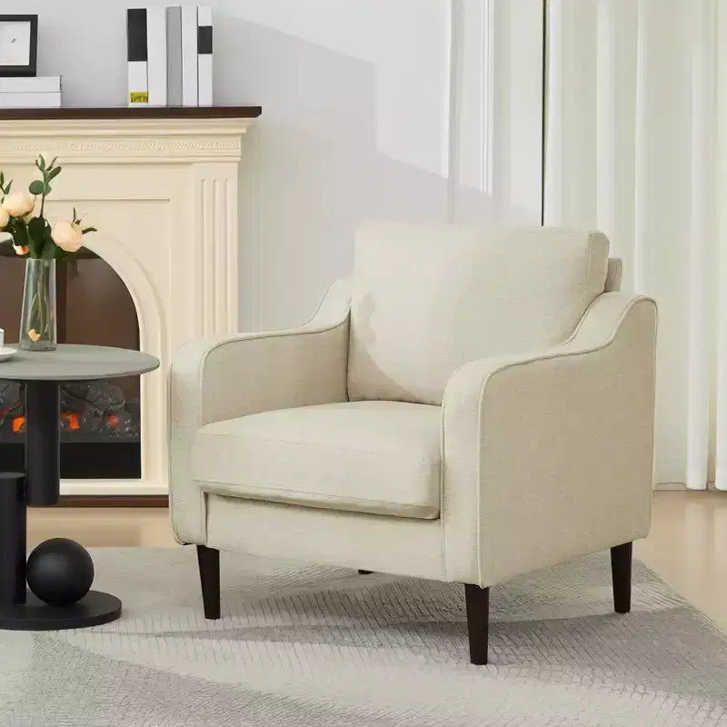 Fauteuil scandinave, Fauteuil moderne en tissu lin, Fauteuil confortable avec accoudoirs incurvés, Fauteuil de lecture à dossier haut