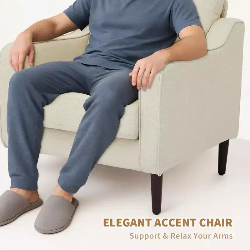 Fauteuil scandinave, Fauteuil moderne en tissu lin, Fauteuil confortable avec accoudoirs incurvés, Fauteuil de lecture à dossier haut