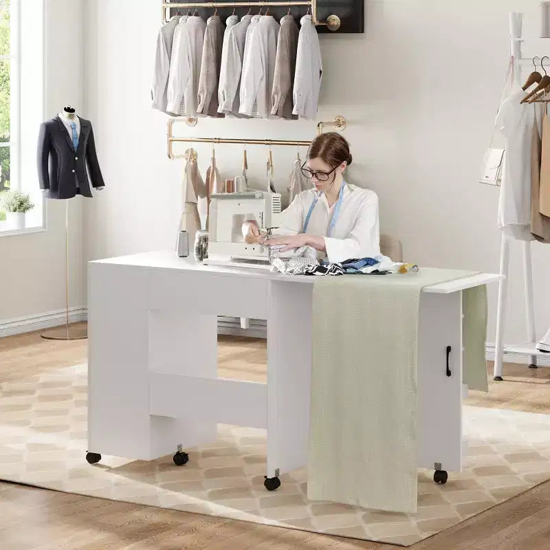Table de couture Table à langer – Pliante avec tiroir, étagères de rangement, roulettes verrouillables, station d'artisanat portable et bureau d'appoint
