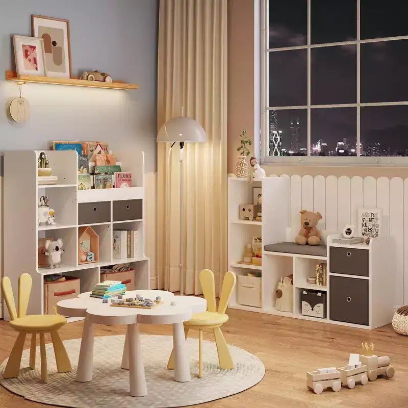 Étagère à livres pour enfants, bibliothèque pour enfants de 112 cm avec siège rembourré doux, casier de rangement pour jouets pour enfants, meuble de rangement pour enfants