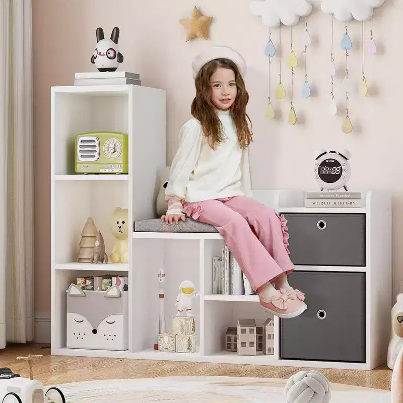 Étagère à livres pour enfants, bibliothèque pour enfants de 112 cm avec siège rembourré doux, casier de rangement pour jouets pour enfants, meuble de rangement pour enfants