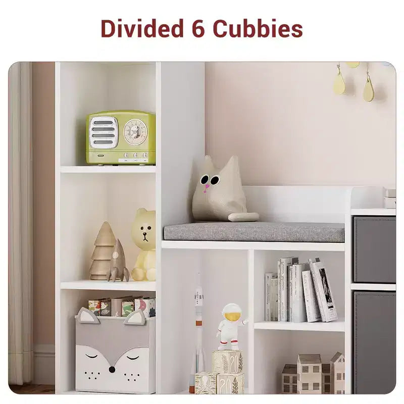 Étagère à livres pour enfants, bibliothèque pour enfants de 112 cm avec siège rembourré doux, casier de rangement pour jouets pour enfants, meuble de rangement pour enfants