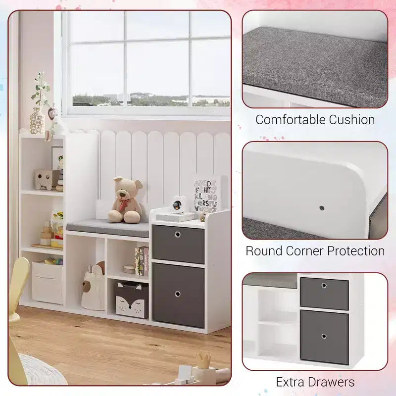 Étagère à livres pour enfants, bibliothèque pour enfants de 112 cm avec siège rembourré doux, casier de rangement pour jouets pour enfants, meuble de rangement pour enfants